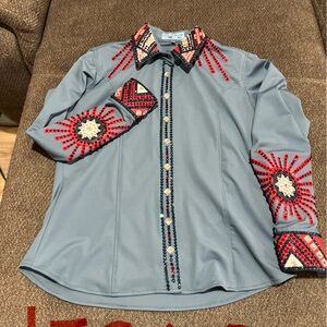 Rhinestone Embellished Light Blue zip up Shirt western show or rodeo queen
